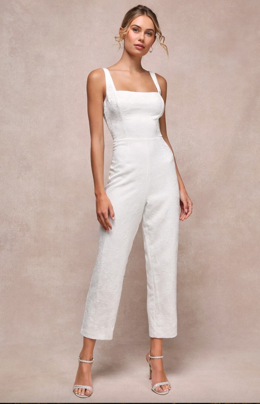 NEW Lulus Exceptional Vision White Jacquard Removable Bow Jumpsuit Bridal XL